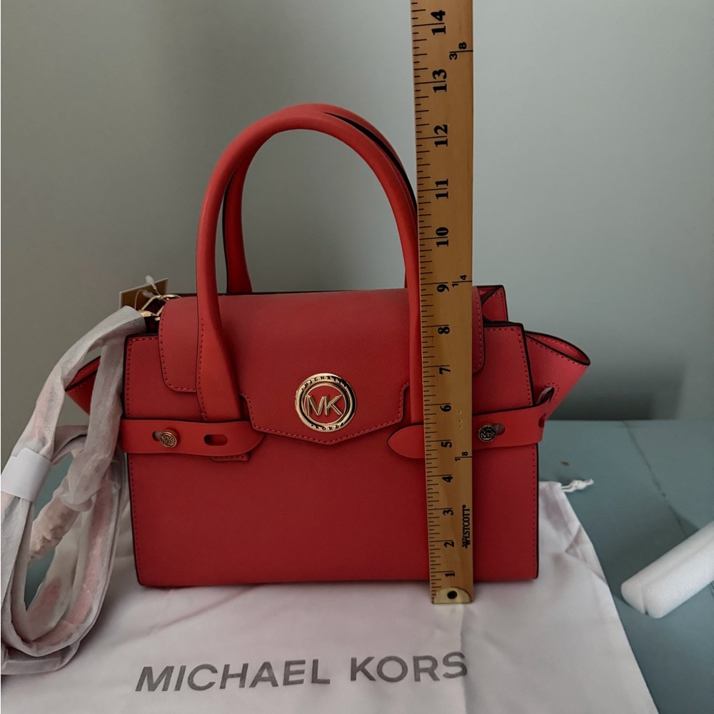 Michael Kors Coral Saffiano Leather Satchel with Gold MK Emblem - Picture 3 of 6
